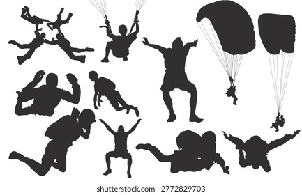 Skydiving and Parachute Silhouette Set, Extreme Sports Freefall Jumping Collection