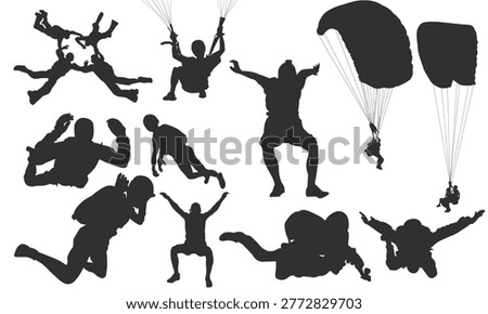 Skydiving and Parachute Silhouette Set, Extreme Sports Freefall Jumping Collection