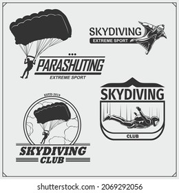 Skydiving and parachuting emblems. Sport club labels.