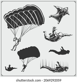 Skydiving and parachuting emblems. Sport club labels.