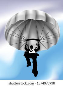 A skydiving  or parachuting flying businessman business concept