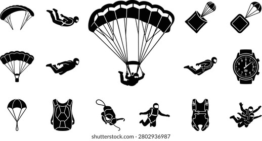 Skydiving and parachuting icons collection, set of black silhouettes featuring skydivers, parachutes, and gear for extreme sports design.