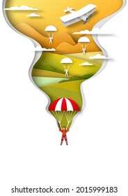 Skydiving, Parachuting. People Jumping With Parachute, Flying Over Hills And River, Vector Illustration In Paper Art Style. Paragliding Extreme Sports. Outdoor Activities. Active Lifestyle.