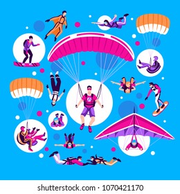 Skydiving and parachuting set on blue background flat isolated vector illustration