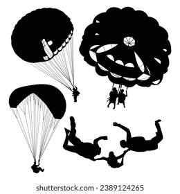 Skydiving or Paragliding Silhouettes Vector