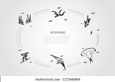 Skydiving - people in air jumping with parachute and skydiving vector concept set. Hand drawn sketch isolated illustration