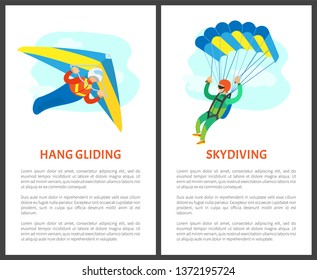 Skydiving person using parachute vector, parachutist on poster with text. Hang gliding extreme sports flying character, active lifestyle of men with wings