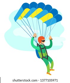 Skydiving poster, man in jumpsuit and helmet holding parachute, cloudy sky. Freedom jumping or dangerous sport, skydriver or sportman flying vector