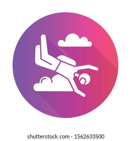 Skydiving purple flat design long shadow glyph icon. Sky diving. Freefall tricks. Skydiver jumping with parachute. Air extreme sport flight stunt. Parachutist in sky. Vector silhouette illustration