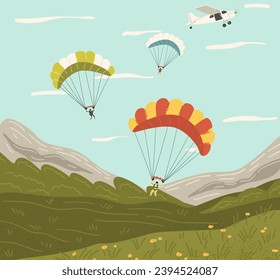 Skydiving scene with extreme sport lovers jumping from plane with parachute