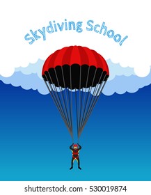 Skydiving school, academy illustration. Parachutist, extreme sport, skydiver. Illustration for skydivers club, paragliding company. Flat style.