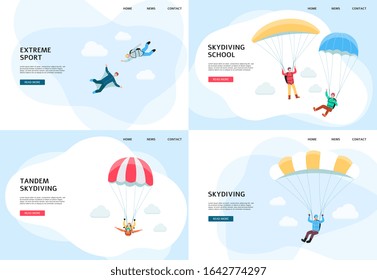 Skydiving school and parachute jumping banner or landing page templates set, flat vector illustration isolated on white background. Extreme sports and active recreation.