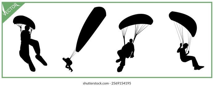 Skydiving set black silhouette. Paragliding. Parachute. Extreme sports.