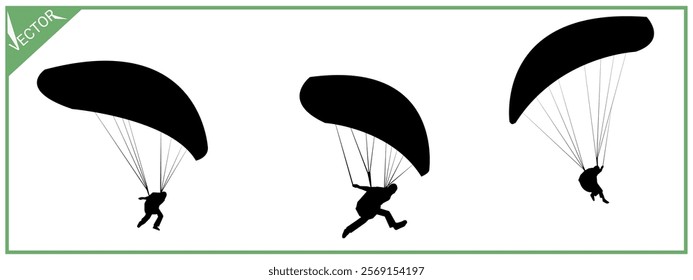 Skydiving set black silhouette. Paragliding. Parachute. Extreme sports.