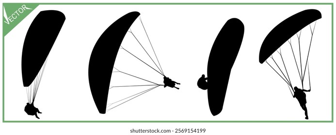 Skydiving set black silhouette. Paragliding. Parachute. Extreme sports.