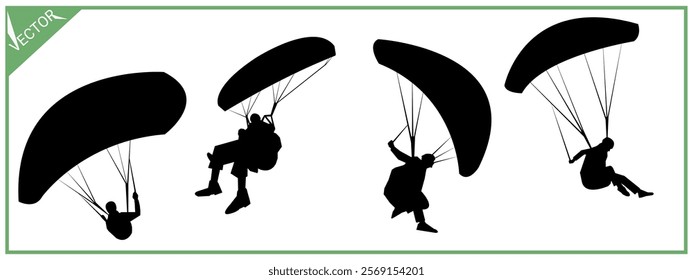 Skydiving set black silhouette. Paragliding. Parachute. Extreme sports.