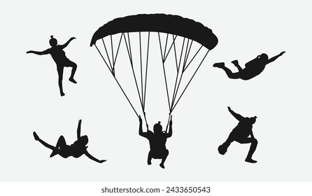 Skydiving Set Silhouetten. Fallschirmspringer, Fallschirm, Extremsport. Andere Pose, Geste. Isolierter Hintergrund. Vektorgrafik.