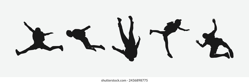 Skydiving set silhouettes. Skydiver, parachute, extreme sport. Different pose, gesture. Isolated background. Vector illustration.