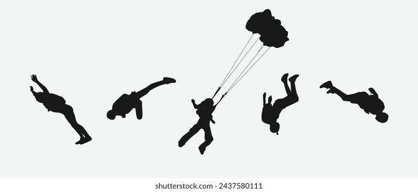 Skydiving set silhouettes. Skydiver, parachute, extreme sport. Different pose, gesture. Isolated background. Vector illustration.