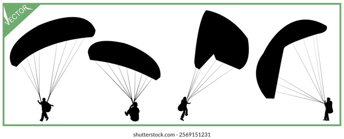 Skydiving silhouette set. Paragliding. Extreme sports. Air sports. Vector illustration.