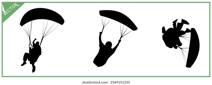 Skydiving silhouette set. Paragliding. Extreme sports. Air sports. Vector illustration.