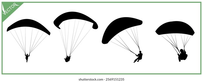 Skydiving silhouette set. Paragliding. Extreme sports. Air sports. Vector illustration.