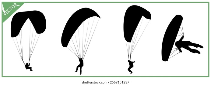 Skydiving silhouette set. Paragliding. Extreme sports. Air sports. Vector illustration.