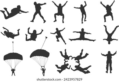 Skydiving silhouettes, Falling skydiver silhouette, Skydiver silhouette, Parachute skydiving silhouette, Skydiving clipart