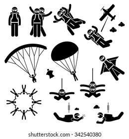 Skydiving Skydives Skydiver Parachute Wingsuit Freefall Freefly Stick Figure Pictogram Icons