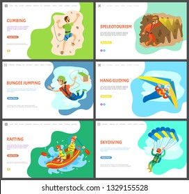 Skydiving And Speleotourism Vector, Activities Of People, Summer Rafting And Wall Climbing, Bungee Jumping Woman And Hang Gliding, Paragliding Set. Website Or Webpage Template, Landing Page Flat Style