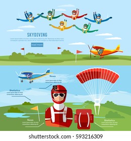 Skydiving teamwork banner extreme sport. Skydiver jumps from an airplane vector 