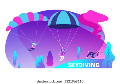 Skydiving vector background with cartoon jumpers colored