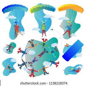 Skydiving vector illustration set. Collection of solo, tandem and formation group flights. Pilot with passenger, harness, parachute and selfie stick. Extreme sport with adrenaline, risk and danger