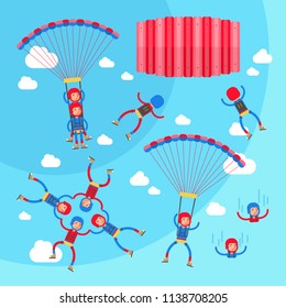 Skydiving vector illustration set. Collection of solo, tandem and formation group flights. Pilot with passenger, harness, parachute and selfie stick. Extreme sport with adrenaline, risk and danger