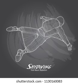 Skydiving wing suit sketch on black chalkboard. Vector illustration.