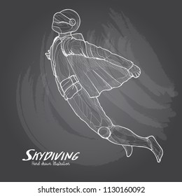 Skydiving wing suit sketch on black chalkboard. Vector illustration.