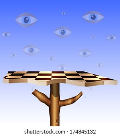 a sky-eyes and a abstract chess board-tree
