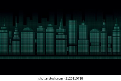 Sky-fi. Abstract city. Sample. Futuristic buildings on a dark background. Horizontal orientation. There is free space for text. Vector illustration.