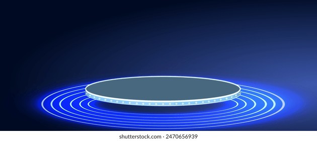 Sky-fi digital hi-tech elements for presentation product. Circle portals, teleport, hologram gadget. Blank display, stage or magic portal, podium for show product in futuristic cyberpunk style.