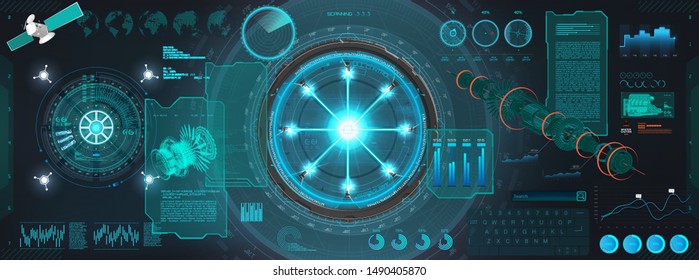 Sky-fi interface elements for GUI, UI, UX design. Spacecraft control panel dashboard in HUD style ( infochart, Cockpit, Interface, Dashboard) Mechanical scheme HUD electric field. Vector illustration