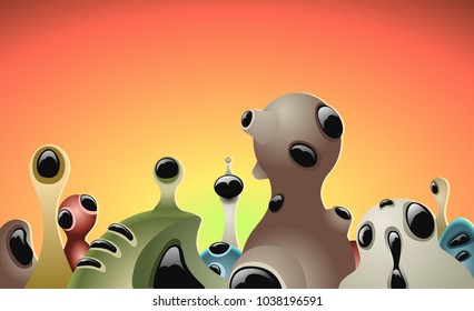 Skyline of an alien city in a sunset. Vector Illustration