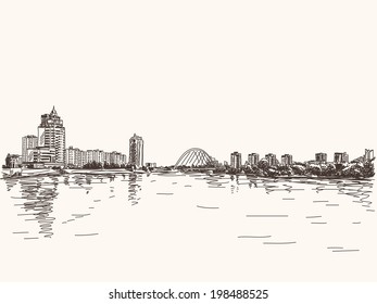 Skyline of Astana city riverside, Hand drawn illustration, Vector sketch.