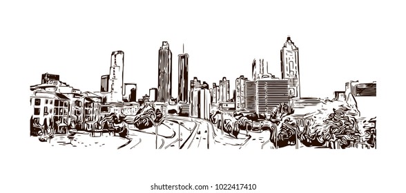 Skyline of Atlanta City in Georgia, USA. Hand drawn sketch illustration in vector.