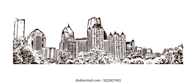 Skyline of Atlanta City in Georgia, USA. Hand drawn sketch illustration in vector.