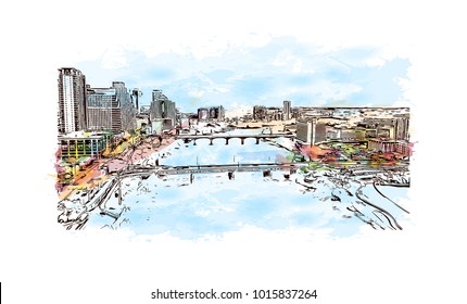 Skyline of Austin, Texas, USA. Watercolor splash with hand drawn sketch illustration in vector.