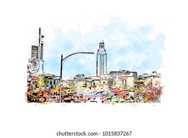 Skyline of Austin, Texas, USA. Watercolor splash with hand drawn sketch illustration in vector.