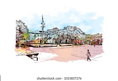 Skyline of Austin, Texas, USA. Watercolor splash with hand drawn sketch illustration in vector.