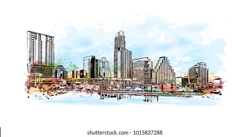 Skyline of Austin, Texas, USA. Watercolor splash with hand drawn sketch illustration in vector.