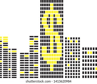 skyline of bank buildings with dollar money sign