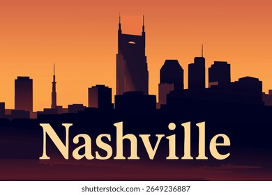 O horizonte de Nashville está lindamente iluminado ao pôr do sol, com os marcos icônicos da cidade lançando longas sombras enquanto o céu noturno se torna vibrante.